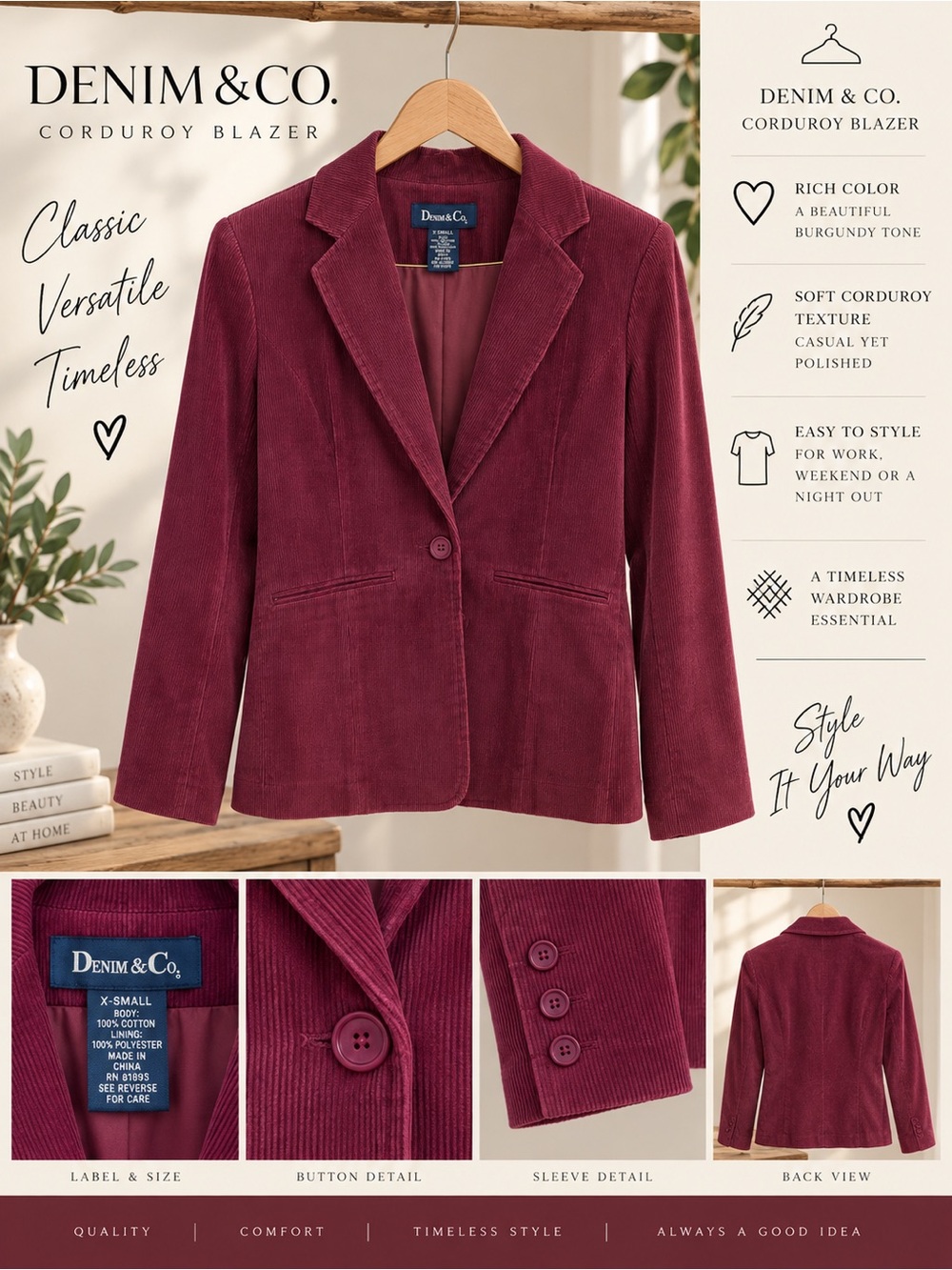 Denim & Co Burgundy Corduroy Blazer Women’s XS 100% Cotton Lined